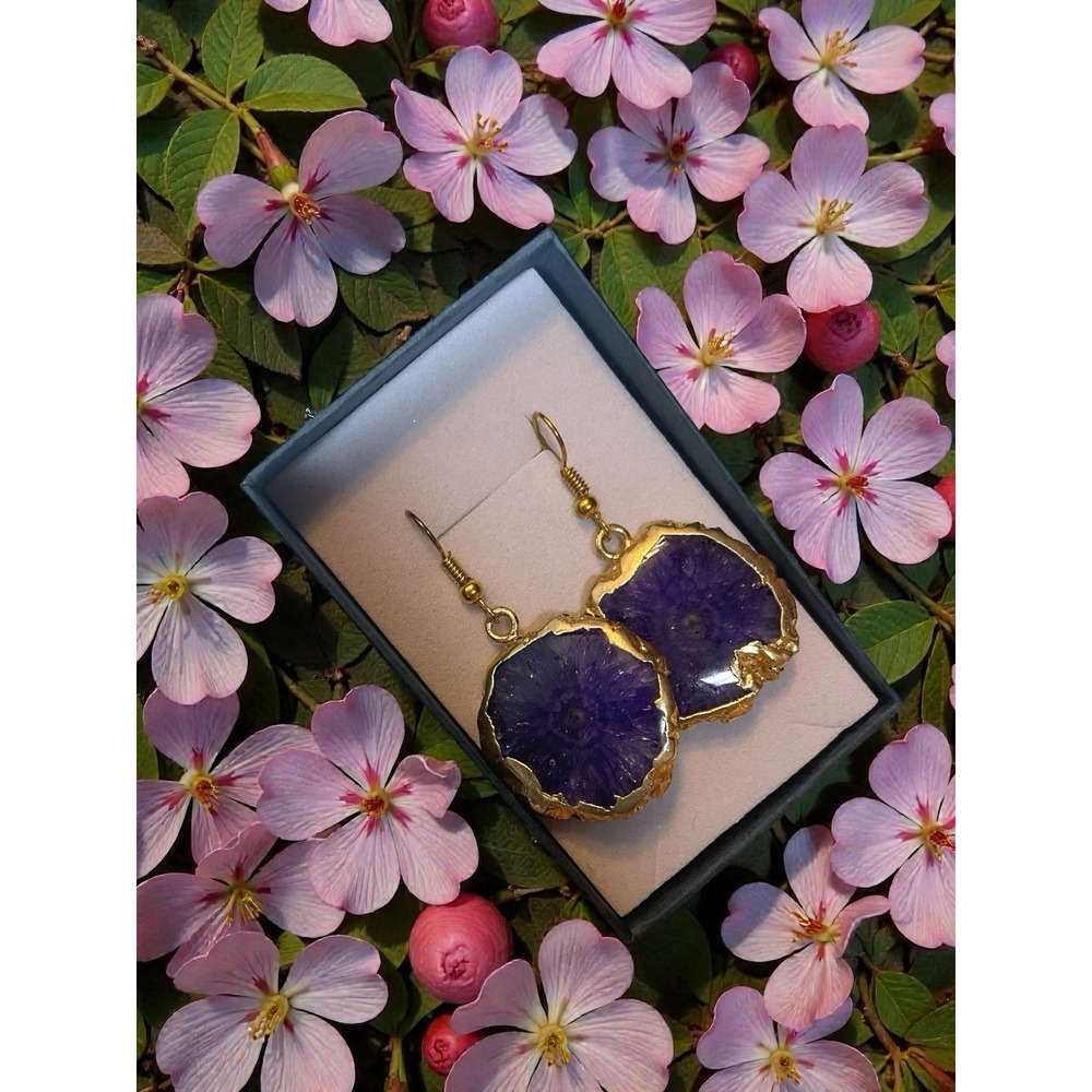 Vintage Purple Solar Quartz Gemstone Drop‎ Dangle Gold Plated Earrings Jewelry